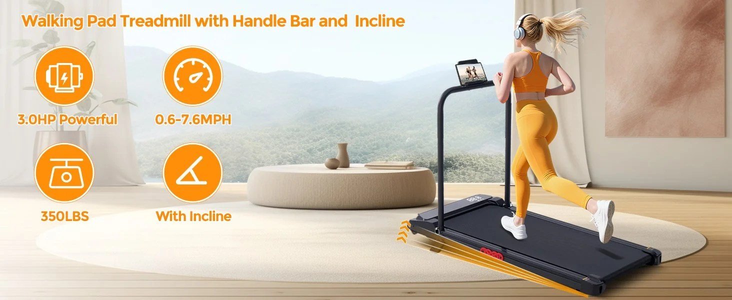 KASSADIN Walking Pad with Handle Bar, 2026 Upgrade Portable Small Treadmill with Handles for Home Small, 3.0HP Under Desk Walking Pad Treadmill with Incline, 0.6-7.6MPH, 350LBS - Image 2