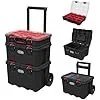 Keter Stack-n-Roll Modular Tools Organizer for Garage Storage and DIY, 3 Piece Resin Rolling Tool Box System for Small Parts, Black
