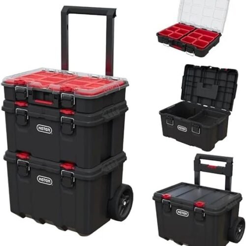 Keter Stack-n-Roll Modular Tools Organizer for Garage Storage and DIY, 3 Piece Resin Rolling Tool Box System for Small Parts, Black
