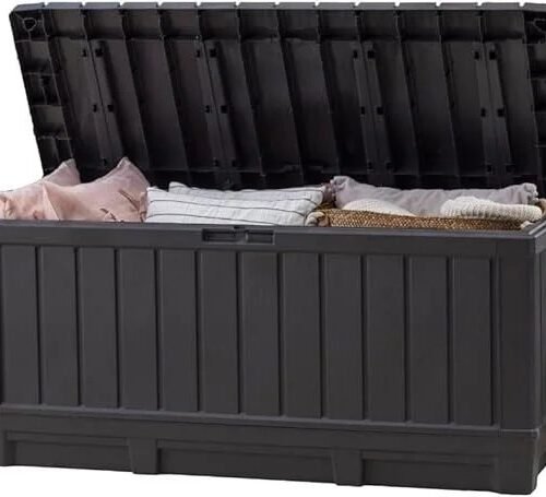 Keter Kentwood 92 Gallon Resin Deck Box-Organization and Storage for Patio Furniture Outdoor Cushions, Throw Pillows, Garden Tools and Pool Floats, Dark Grey