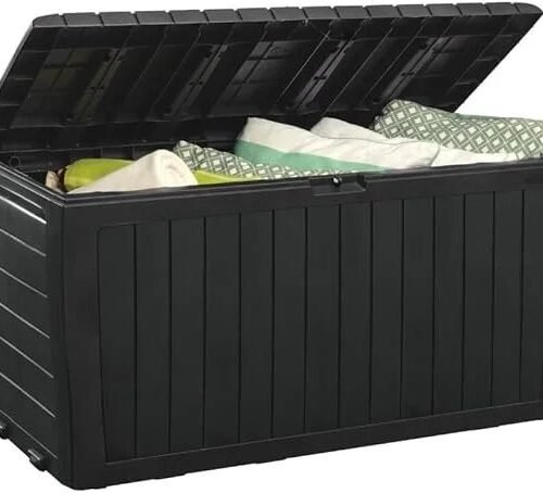 Keter Marvel Plus 71 Gallon Resin Deck Box-Organization and Storage for Patio Furniture Outdoor Cushions, Throw Pillows, Garden Tools and Pool Toys, Dark Grey