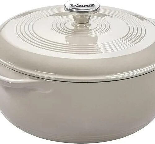 Lodge Essential Enamel Cast Iron Dutch Oven – Perfect for Bread Baking, Braising, Marinating & Slow Cooking – Features Moisture-Sealing Lid & Dual Handles – Kitchen Essentials – 6 Quarts – Oyster White