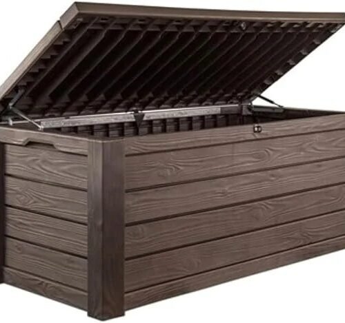 Keter Westwood 150 Gallon Deck Box Organizer, Doubles as 2-Person Bench Seat, Brown – Large Resin Outdoor Storage and Seating with Lockable Lid for Garden, Pool, and Patio