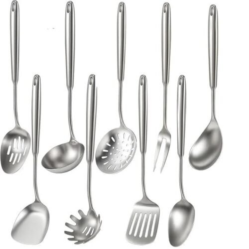 Newness 9 Pcs Cooking Utensils Set, 304 Stainless Steel Kitchen Utensils Set, Metal Kitchen Accessories, Include Soup Ladle, Slotted Skimmer Spoon, Spaghetti Spoon and Spatula, Dishwasher Safe