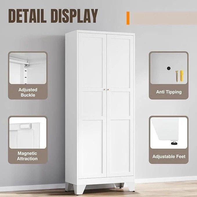 Yizosh Metal Pantry Cabinet, 75" Kitchen Pantry with 2 Door and 4 Adjustable Shelves,White Metal Pantry Storage Cabinet,Cupboard for Kitchen,Dining Room,Living Room and Bathroom - Image 2