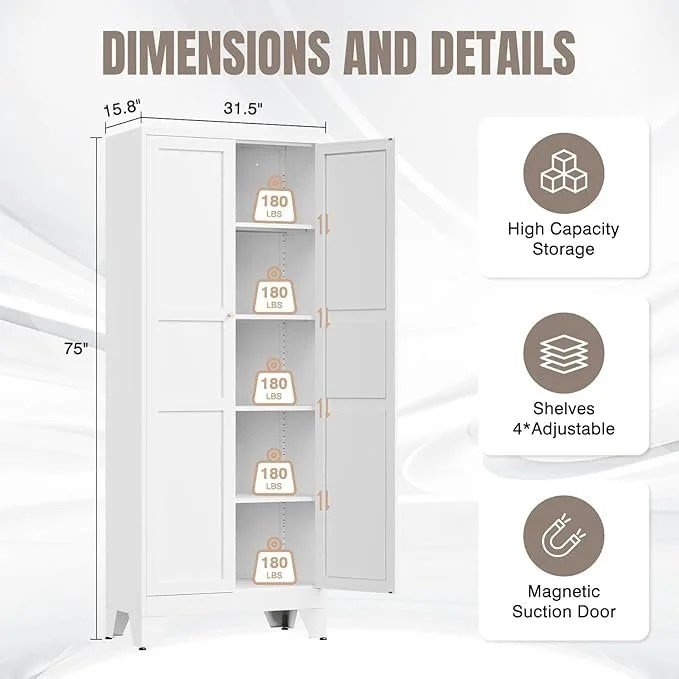 Yizosh Metal Pantry Cabinet, 75" Kitchen Pantry with 2 Door and 4 Adjustable Shelves,White Metal Pantry Storage Cabinet,Cupboard for Kitchen,Dining Room,Living Room and Bathroom - Image 4