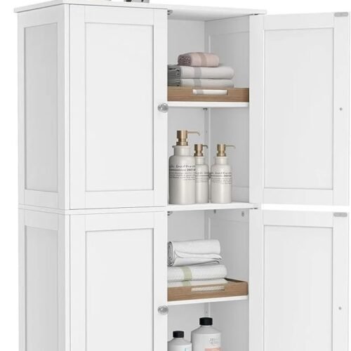 VASAGLE Floor Storage Cabinet, Shaker Cabinet with 2 Adjustable Shelves, 4 Doors, Tall Freestanding Organizer Unit, for Kitchen Bathroom Living Room, Cloud White UBBC553WH01S