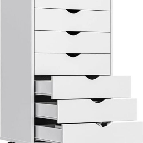 OLIXIS 7 Drawer Mobile File Cabinet Under Desk Storage Organization with Wheels Vertical Filing Chest Rolling Wood Small Desk Printer Stand for Home Office, 15.75"D x 18.74"W x 34.25"H, White