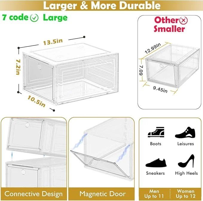 12 Pack Clear Shoe Storage Organizer with Magnetic Door,Stackable Plastic Shoe Boxes for Sneakers,Boots,and Heels,Space-Saving Foldable Shoe Rack for Closet,Durable Shoe Cabinet Organizer,White - Image 4