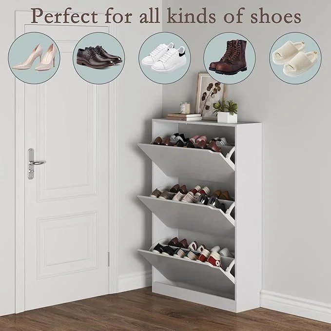 BORNOON Shoe Cabinet with 3 Flip Drawers, Hidden Wood Shoe Cabinet,Freestanding Shoe Storage Cabinet for Entryway Hallway.White. 47.2" H*31.5" W*9.45" D. - Image 3