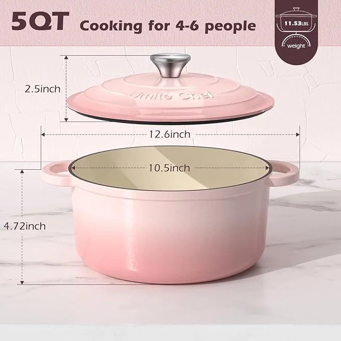 Umite Chef 5QT Enameled Cast Iron Dutch Oven Pot with Lid, Heavy-Duty Cookware for Bread Baking, Braising, Stews, Roasting, Wedding Registry Ideas & Gifts (Pink) - Image 4