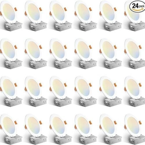 Amico 24 Pack 6 Inch 5CCT Ultra-Thin LED Recessed Ceiling Light with Junction Box, 1050LM Brightness, Dimmable Canless Wafer Downlight, 12W, ETL&FCC