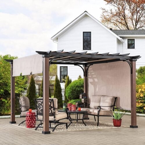 Sunjoy 11 x 11 ft Metal Pergola with Adjustable Tan Garden Shade