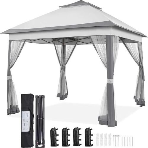 Yaheetech 11×11 Pop Up Gazebo Outdoor Canopy Shelter, Instant Patio Gazebo Sun Shade Canopy Tent with 4 Sandbags, 2 Tiers Roof & Mesh Netting for Lawn, Garden, Backyard & Deck, Gray