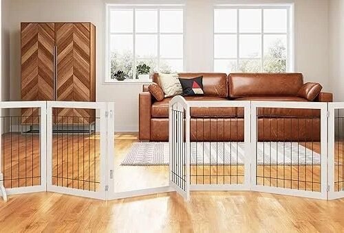 PAWLAND 144-inch Extra Wide 30-inches Tall Dog gate with Door Walk Through, Freestanding Wire Pet Gate for The House, Doorway, Stairs, Pet Puppy Safety Fence, Support Feet Included, White,6 Panels