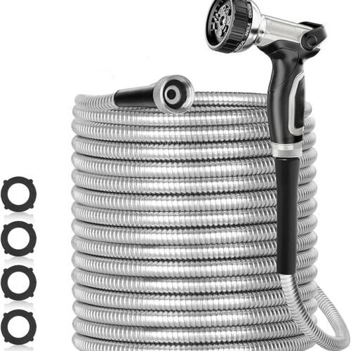 SPECILITE 200ft 304 Stainless Steel Garden Hose Metal, Heavy Duty Water Pipe with Nozzles for Yard, Outdoor – Flexible, Never Kink & Tangle, Puncture Resistant (Sliver)
