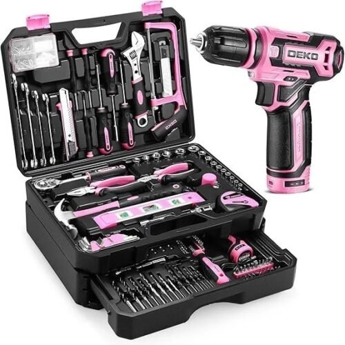 Pink Tool Kit Box Drill Set：DEKOPRO Home Mechanic Toolbox with 12V Power Cordless Drill Hand Repair Tools Sets Combo Kits Storage Organizer Drawer Case for Men & Women