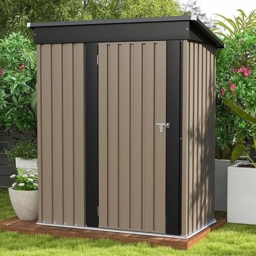 Patiowell 5×3 FT Outdoor Storage Shed, Tool Shed with Sloping Roof and Lockable Door, Metal Shed for Backyard Garden Patio Lawn, Brown
