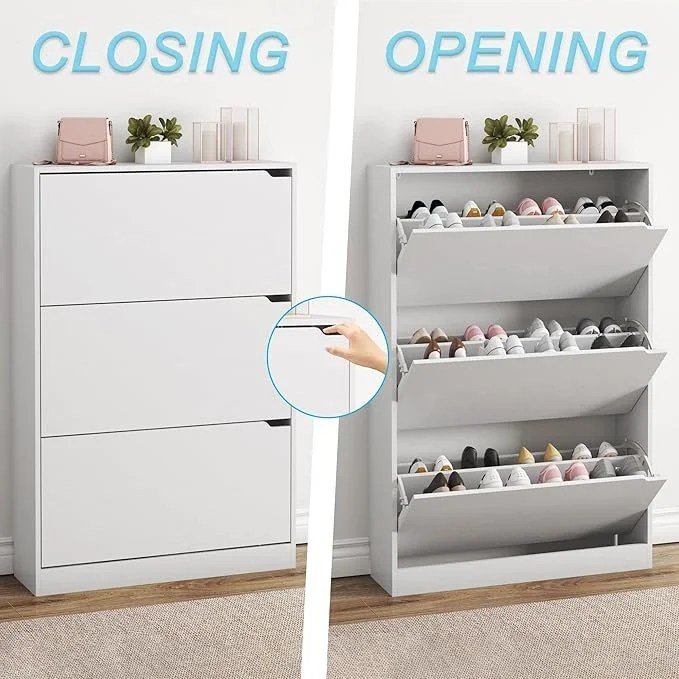 BORNOON Shoe Cabinet with 3 Flip Drawers, Hidden Wood Shoe Cabinet,Freestanding Shoe Storage Cabinet for Entryway Hallway.White. 47.2" H*31.5" W*9.45" D. - Image 2