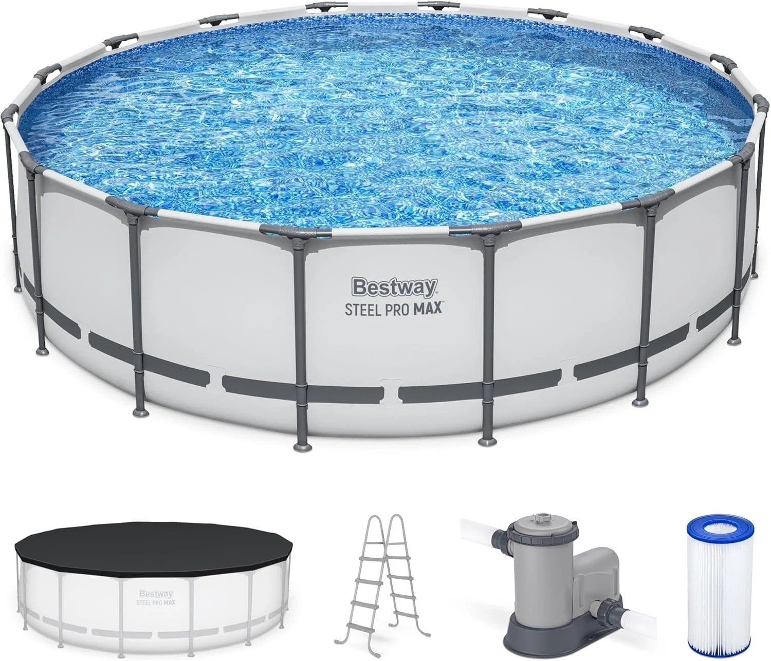 Bestway Steel Pro MAX 16 Foot x 48 Inch Round Metal Frame Above Ground Outdoor Swimming Pool Set