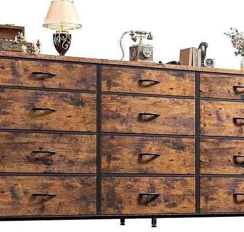Romorgniz 55" Dresser for Bedroom with 12 Fabric Drawers, Entertainment Center for 60 inch TV Dressers & Chests of Drawers Large Organizer, Living Room, Metal Frame, Wood Top, Rustic Brown