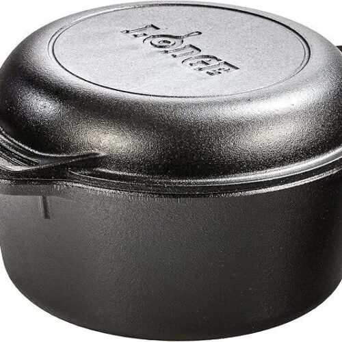 Lodge Cast Iron Double Dutch Oven – Pre-Seasoned 2-in-1 Cast Iron Cookware – Pot & Skillet Combo – Even Heat Retention – Oven-Safe, Versatile Pot – 5 Quart