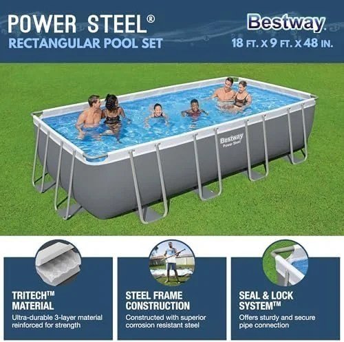 Bestway Power Steel 18' x 9' x 48" Rectangular Metal Frame Above Ground Outdoor Swimming Pool Set with 1,500 GPH Filter Pump, Ladder, and Pool Cover - Image 2