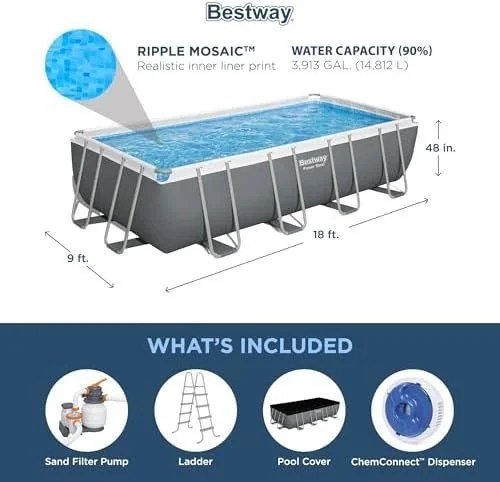 Bestway Power Steel 18' x 9' x 48" Rectangular Metal Frame Above Ground Outdoor Swimming Pool Set with 1,500 GPH Filter Pump, Ladder, and Pool Cover - Image 9