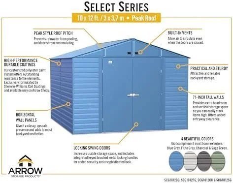 Arrow Select 10' x 12' Outdoor Lockable Steel Storage Shed Building, Charcoal - Image 6