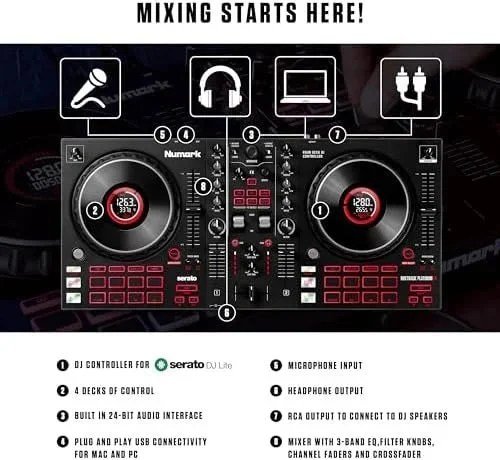 Numark Mixtrack Platinum FX Serato DJ Controllers with Jog Wheel Displays, 4 Decks, Mixers, Effects Paddles and (Audio Interface) - Image 7
