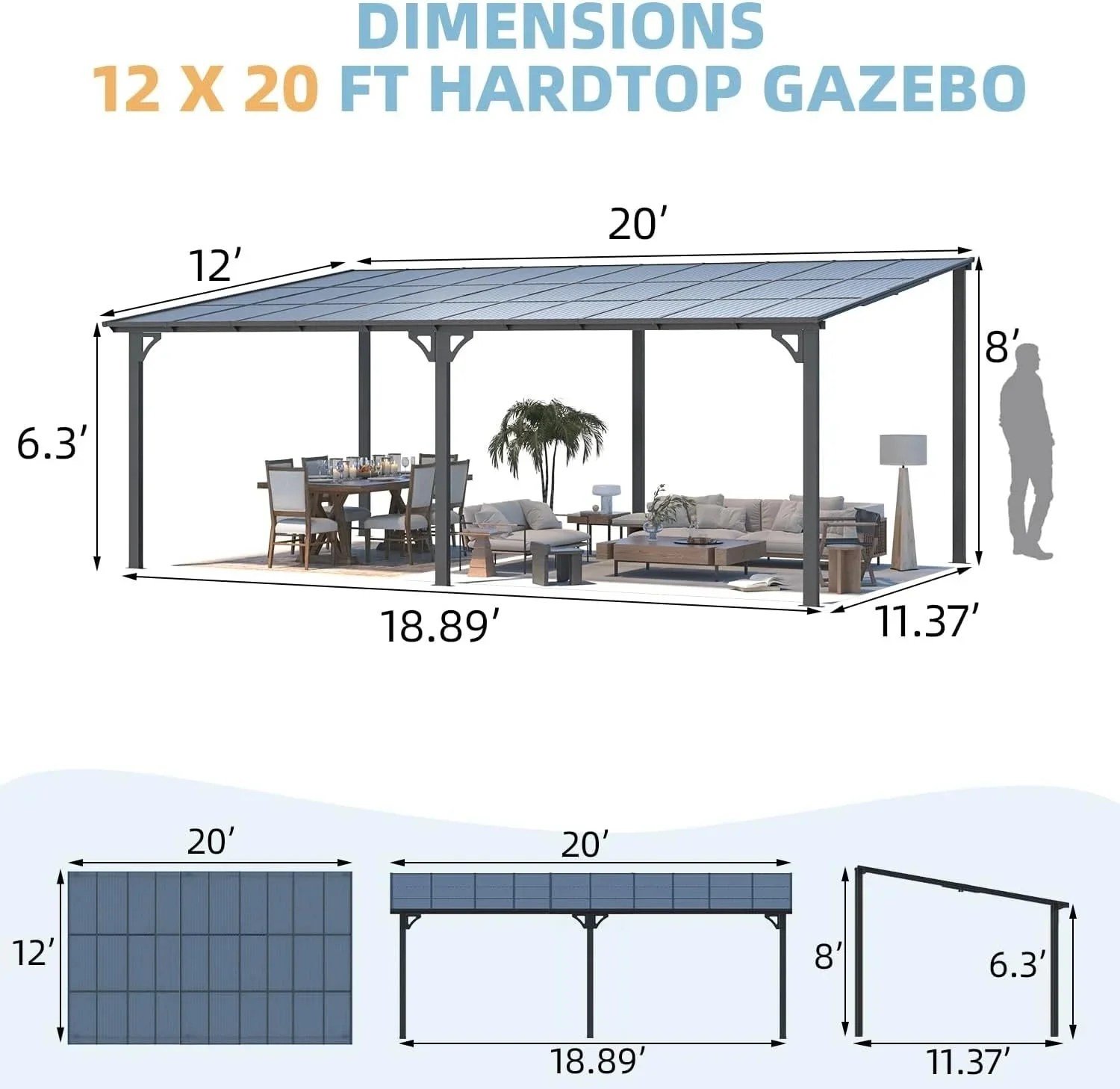 Aecojoy 20'x12' Wall Mounteds Gazebos Pergola - Image 3