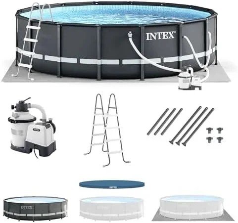 Intex Ultra XTR Frame 14' x 42" Round Above Ground Outdoor Swimming Pool Set with Sand Filter Pump, Ladder, Ground Cloth, and Pool Covers